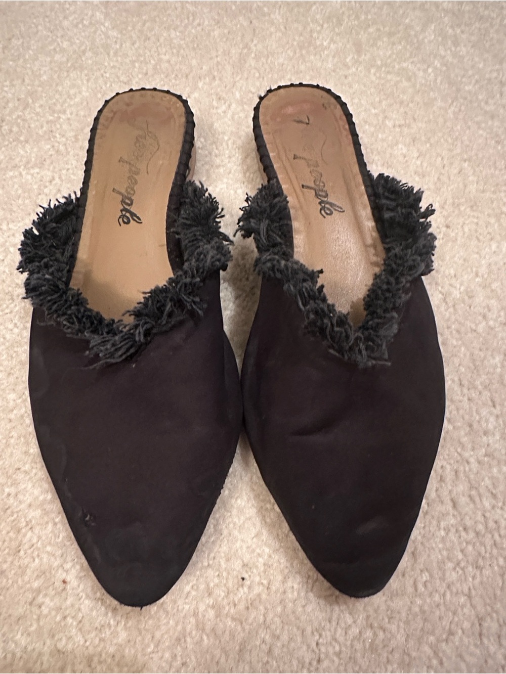Free People Newport Black Suede Leather Fringe Pointed-Toe Mules